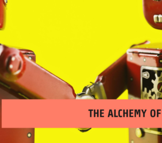 Two robots with slogan "The Alchemy of Inquiry"