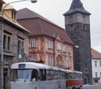 An old tram in Plzen, Czech Republic