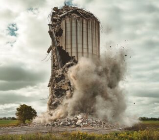 A silo collapsing in a farm field