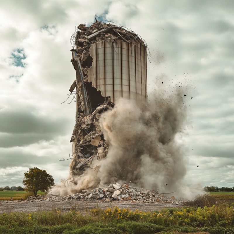 A silo collapsing in a farm field