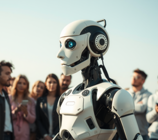 Image of robot surrounded by crowd