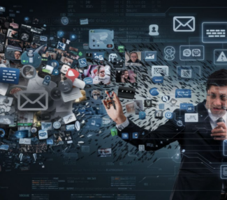 Image of AI-generated visuals scattered around a screen behind a man in a suit