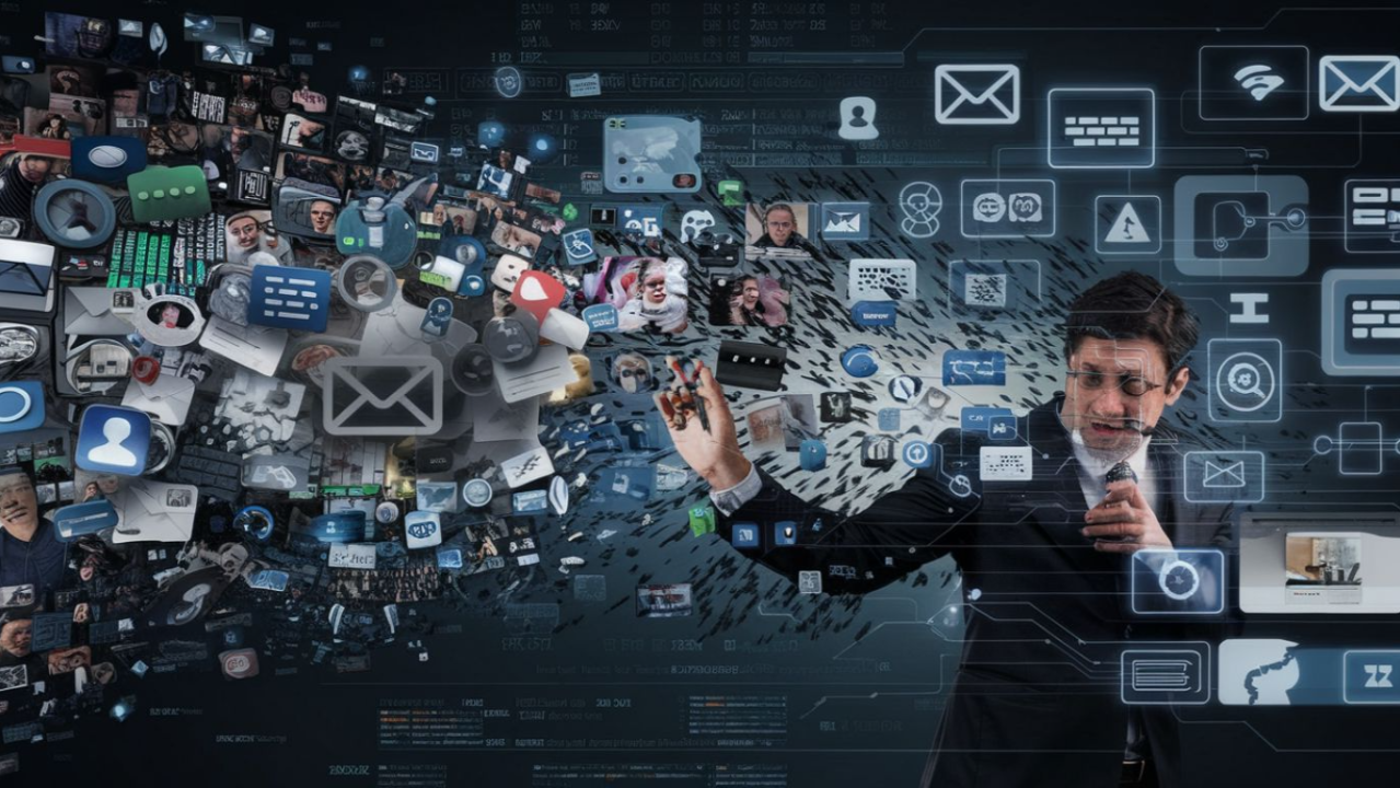 Image of AI-generated visuals scattered around a screen behind a man in a suit
