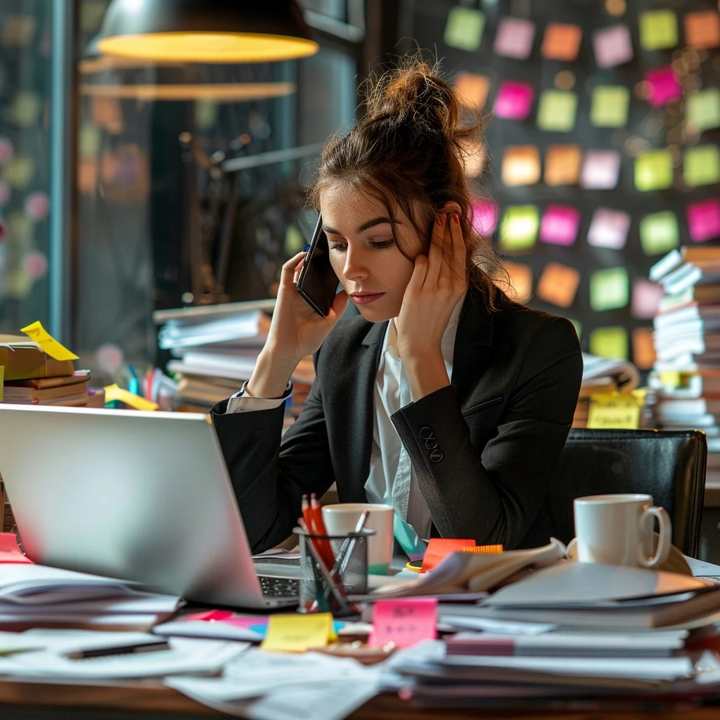 Overwhelmed worker at desk