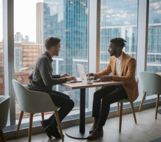 Two colleagues collaborating in a cafe