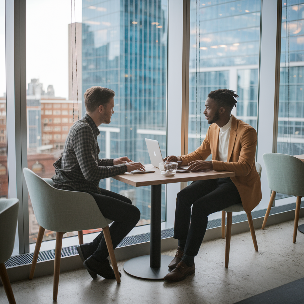 Two colleagues collaborating in a cafe