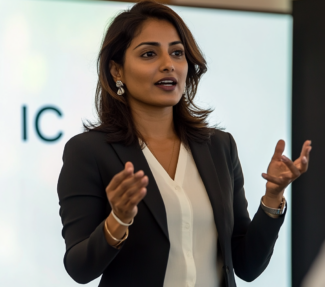 Woman business leader speaking in front of a whiteboard with the letters IC on the board