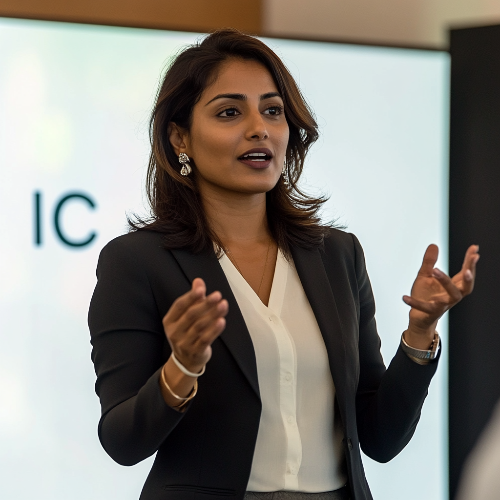 Woman business leader speaking in front of a whiteboard with the letters IC on the board