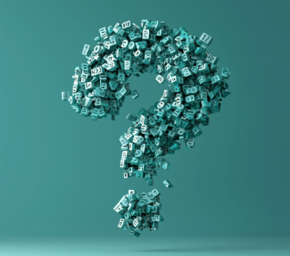 Question mark composed of number cubes against teal background