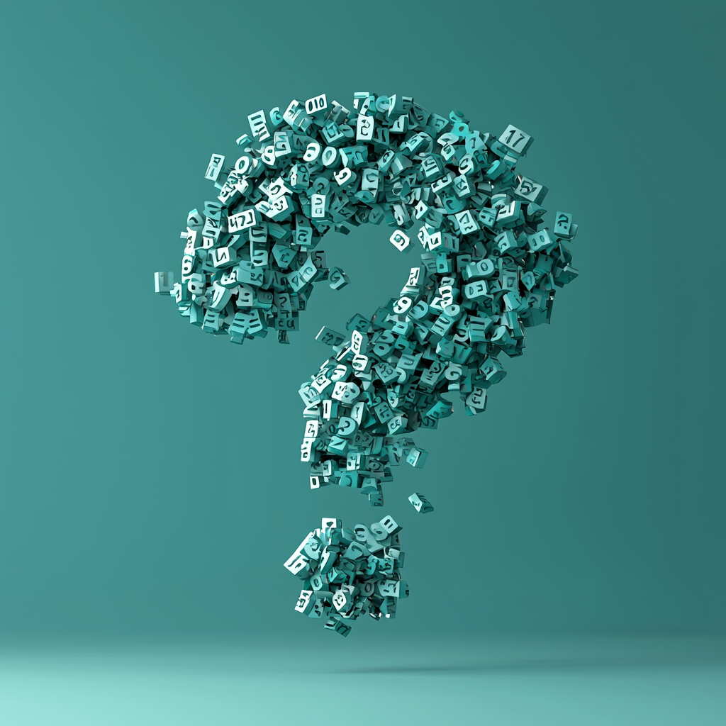 Question mark composed of number cubes against teal background