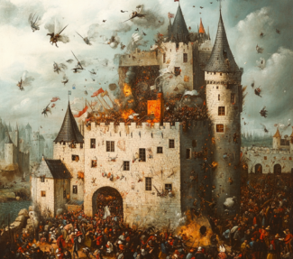 AI-generated image of the storming of a medieval castle