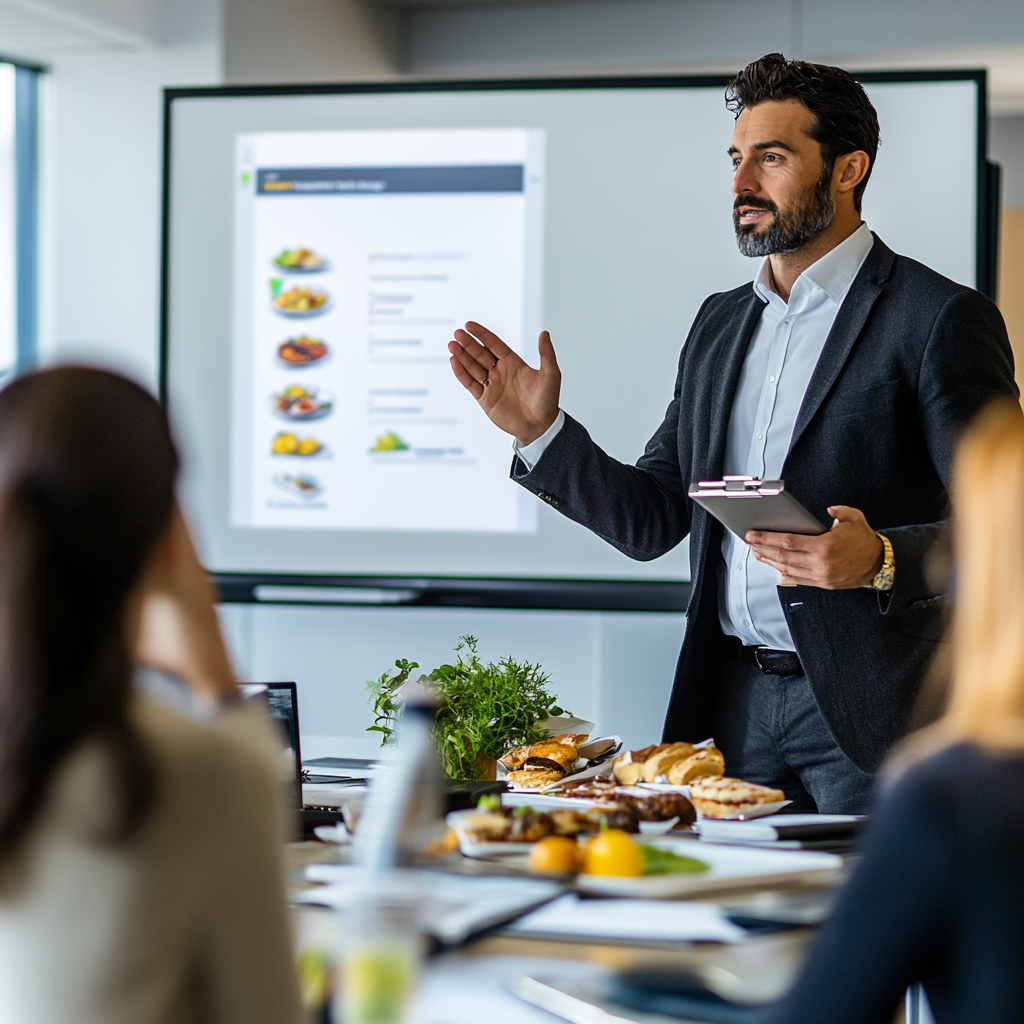 Manager briefing the day's canteen menu to his team