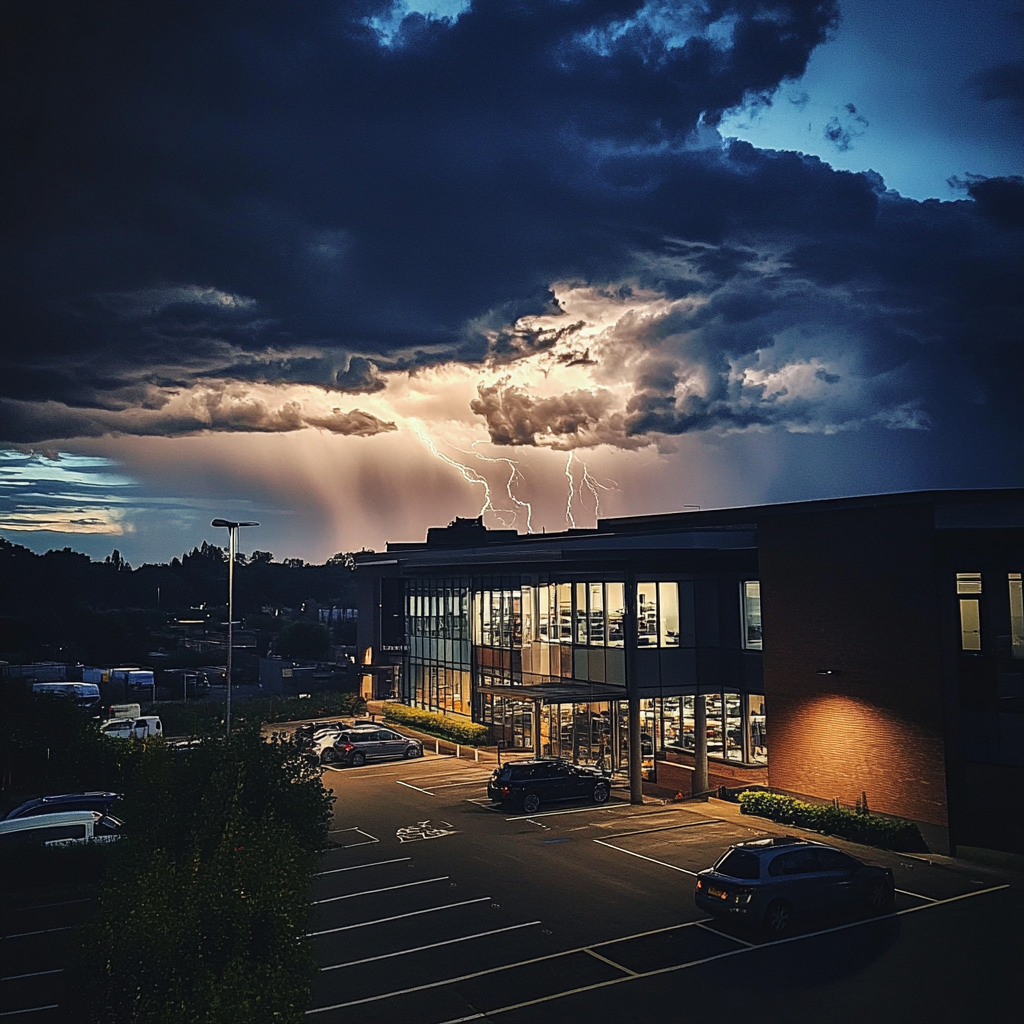 Stormy skies above a suburban office park