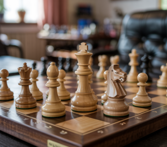 A chess board where one side has "material advantage" (a dominant position)