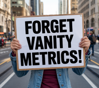 Protest sign that says "FORGET VANITY METRICS"
