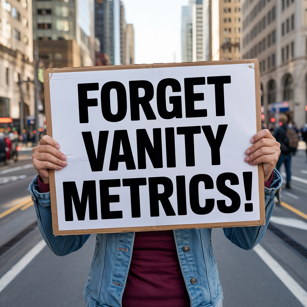 Protest sign that says "FORGET VANITY METRICS"