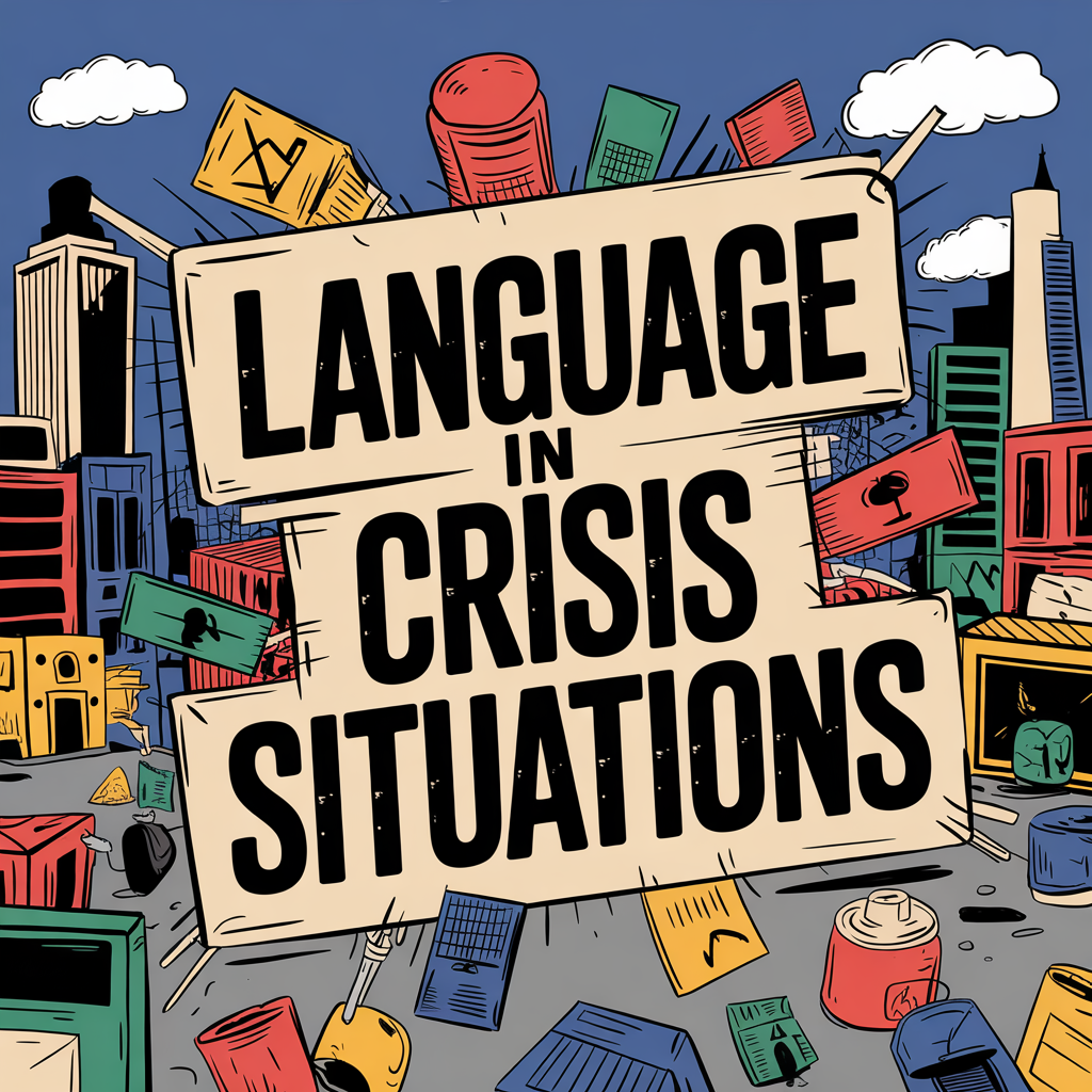 Sign saying "Language in Crisis Situations" with chaotic urban scene in background