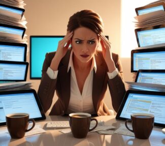 Woman communication professional surrounded by stacks of paper and multiple screens