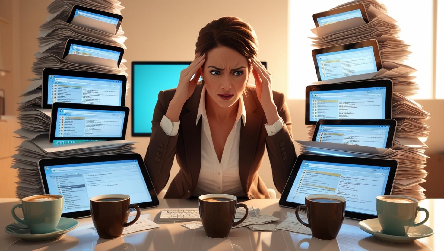 Woman communication professional surrounded by stacks of paper and multiple screens