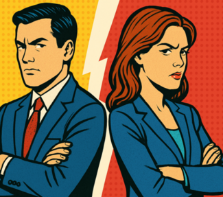 Two employees with negative facial expressions on a poster with a big rip in the center