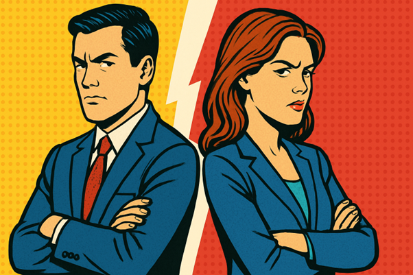 Two employees with negative facial expressions on a poster with a big rip in the center