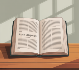 Open book with chapter titled "Plain Language"