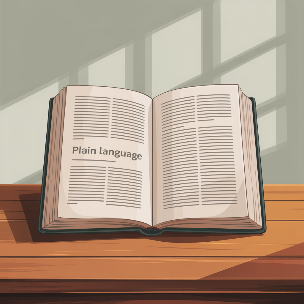 Open book with chapter titled "Plain Language"