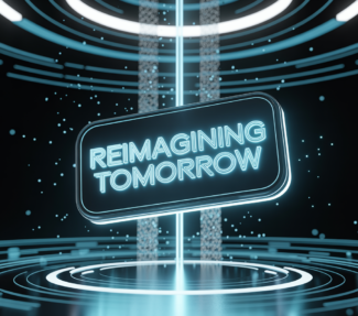 Futuristic image with rectangular box containing the words "Reimagining Tomorrow"