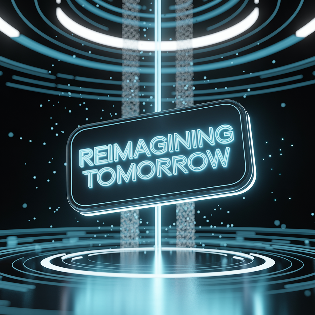 Futuristic image with rectangular box containing the words "Reimagining Tomorrow"