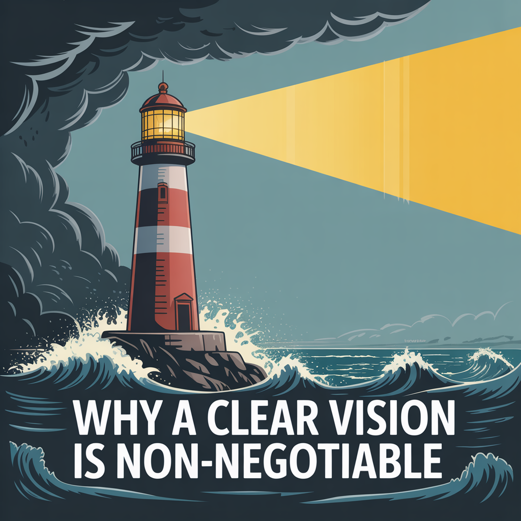 Lighthouse with beam and caption "Why a clear vision is non-negotiable"