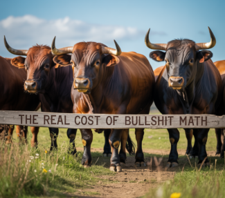Three bulls at a rail emblazoned with the words "The Real Costs of Bullshit Math"
