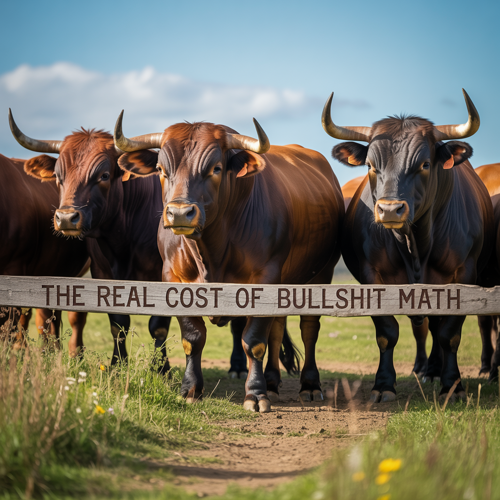 Three bulls at a rail emblazoned with the words "The Real Costs of Bullshit Math"