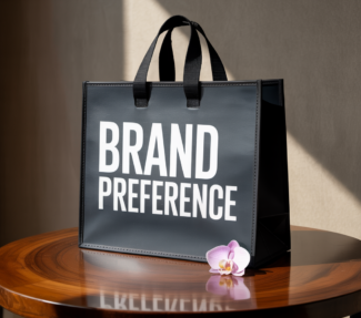 black bag with white words "Brand Preference"