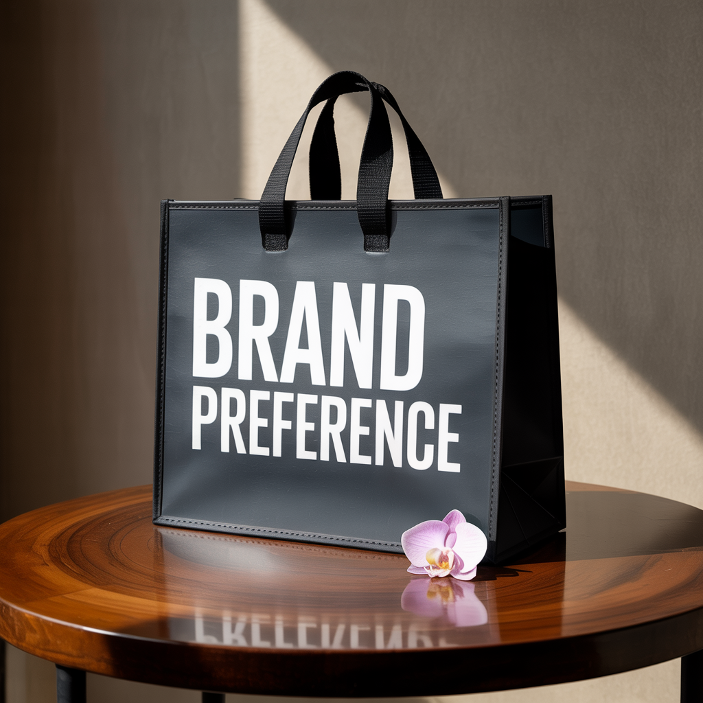black bag with white words "Brand Preference"