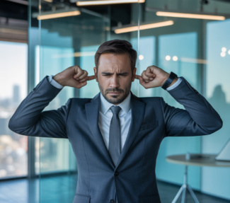 Corporate exec with fingers in ears to demonstrate he is ignoring someone