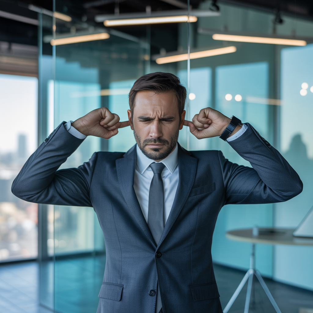Corporate exec with fingers in ears to demonstrate he is ignoring someone