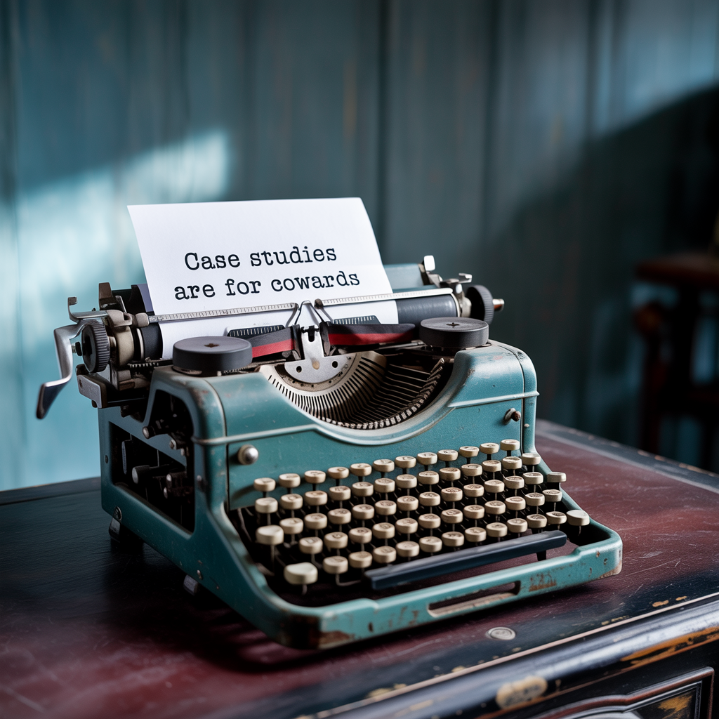 Typewriter with paper with text "Case Studies are for Cowards"