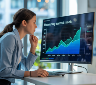 Woman looking at a screen labeled "Measuring Earned Media"