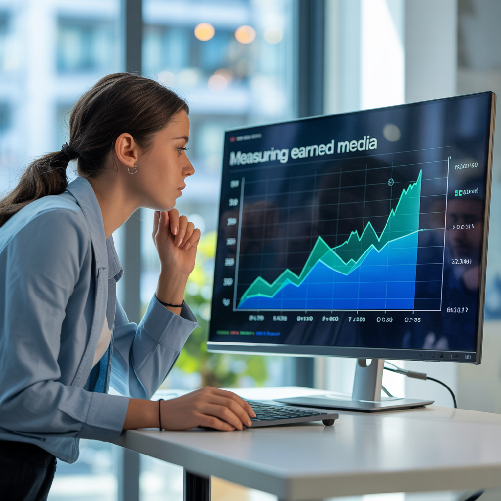 Woman looking at a screen labeled "Measuring Earned Media"