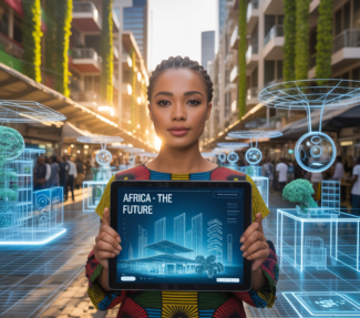 AI-generated photograph of young woman in city with a tablet compujter with "AFRICA-THE FUTURE" on screen