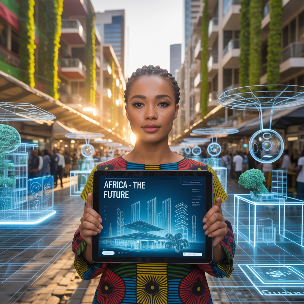 AI-generated photograph of young woman in city with a tablet compujter with "AFRICA-THE FUTURE" on screen