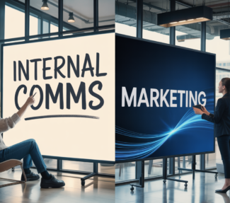Large video screen with two sides, the left a white screen with the letters "internal comms" and the right a blue screen with "marketing" written on it