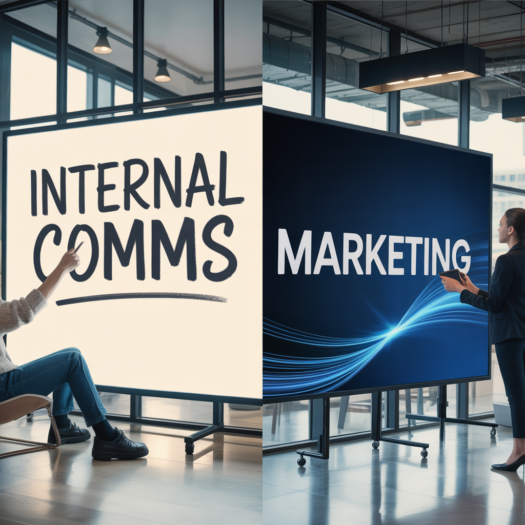 Large video screen with two sides, the left a white screen with the letters "internal comms" and the right a blue screen with "marketing" written on it