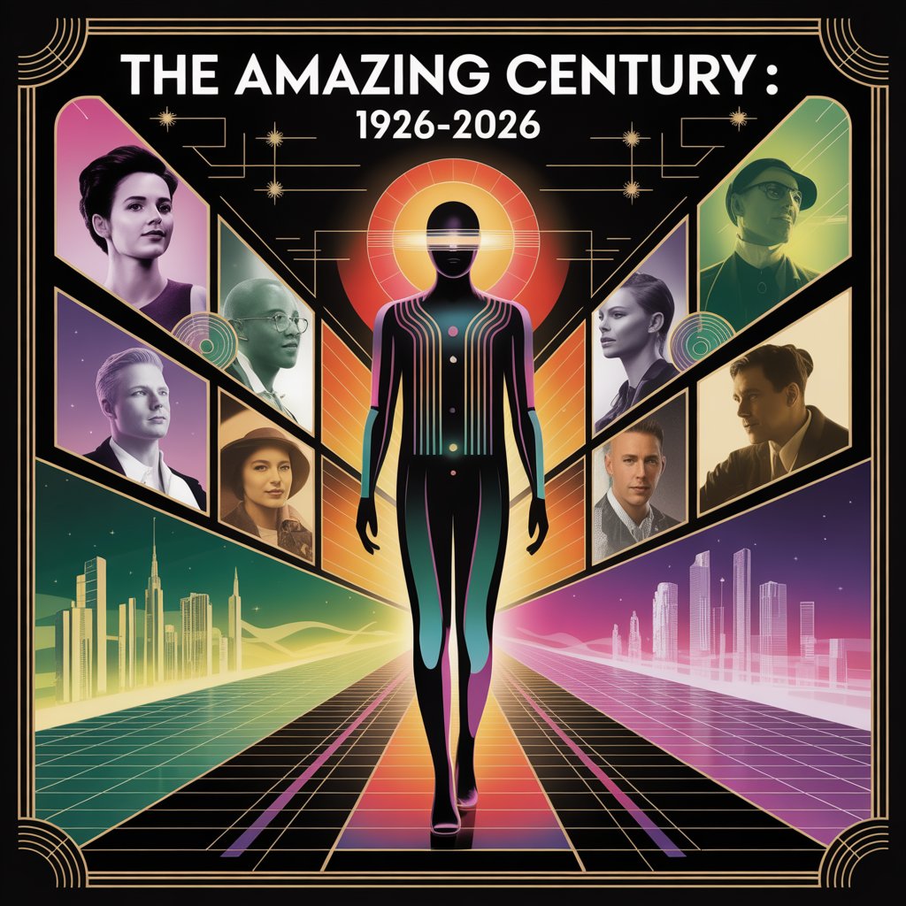 Image of 21st and 20th century technologies with caption "The Amazing Century 1926-2026