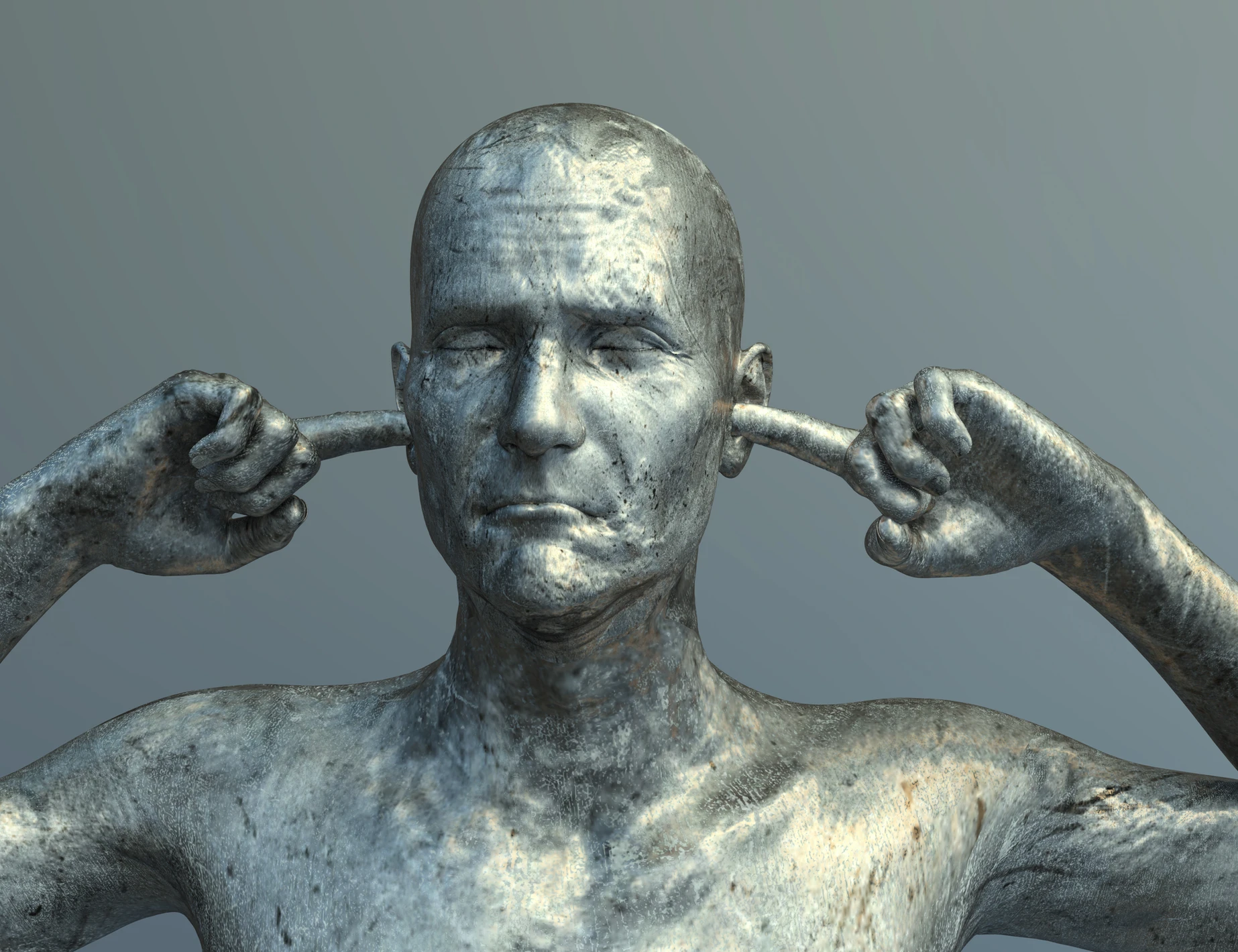 Statue of man with fingers in his ears