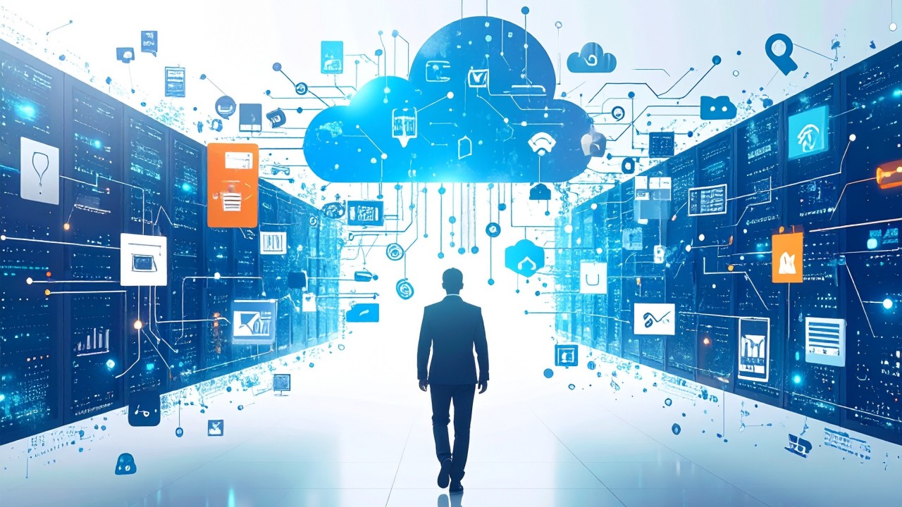 Person in a corridor with tech-generated images floating on both sides