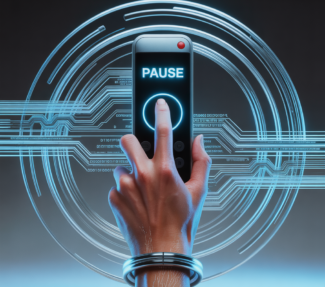person with finger on "pause" button against futuristic backdrop