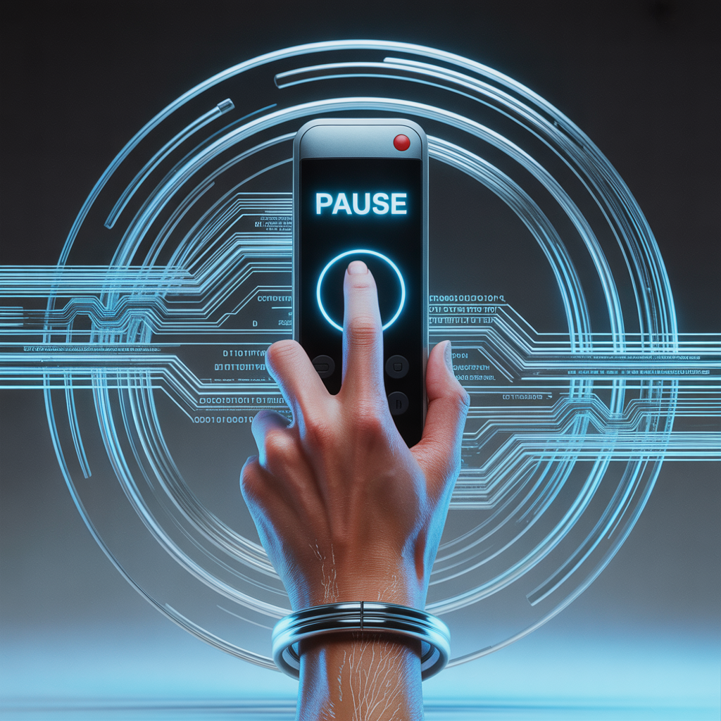 person with finger on "pause" button against futuristic backdrop