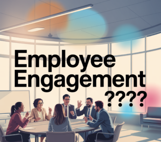 The words "Employee Engagement ???" above a table of employees in a conference room