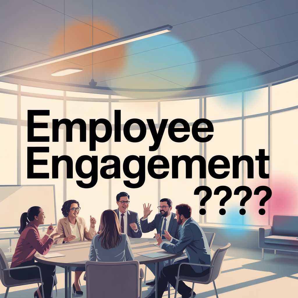 The words "Employee Engagement ???" above a table of employees in a conference room